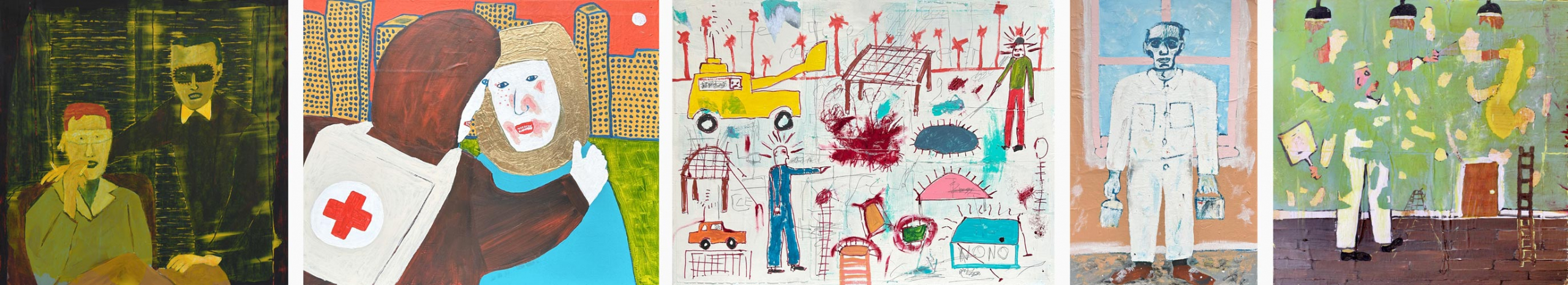 A selection of paintings from exhibition 'from painter to painter' by Phil Thomas, a London based mixed media artist.